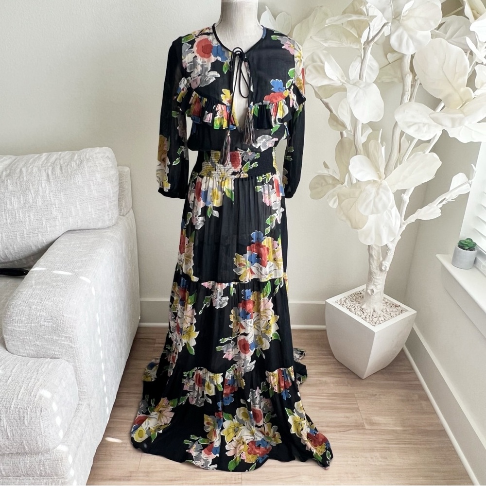By Timo Long Sleeve Floral Black Maxi Dress